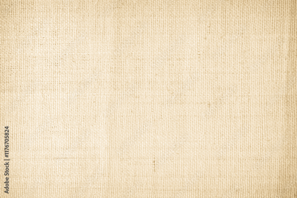 Fototapeta premium Brown sackcloth woven texture background in natural pattern. Jute hessian burlap, linen background in light beige cream color blank. Weaving canvas fiber line cotton cloth textured as organic.