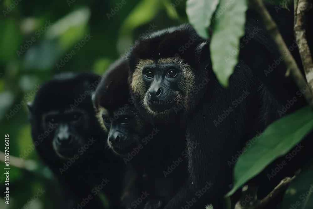 Obraz premium A family of howler monkeys swinging through the canopy of a rainforest, their loud calls echoing