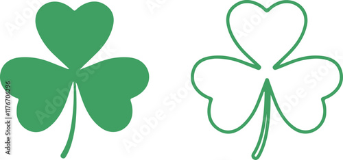 green shamrock and clover designs, both filled and outlined, symbolizing luck and Irish heritage, perfect for St. Patrick's Day decorations
