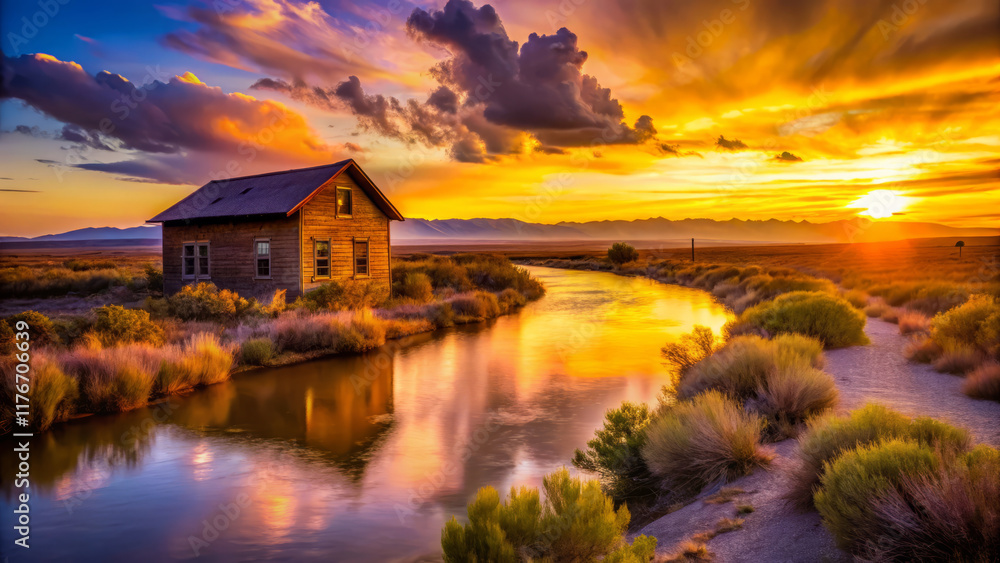 Fototapeta premium weathered house by serene river at sunset, surrounded by vibrant clouds
