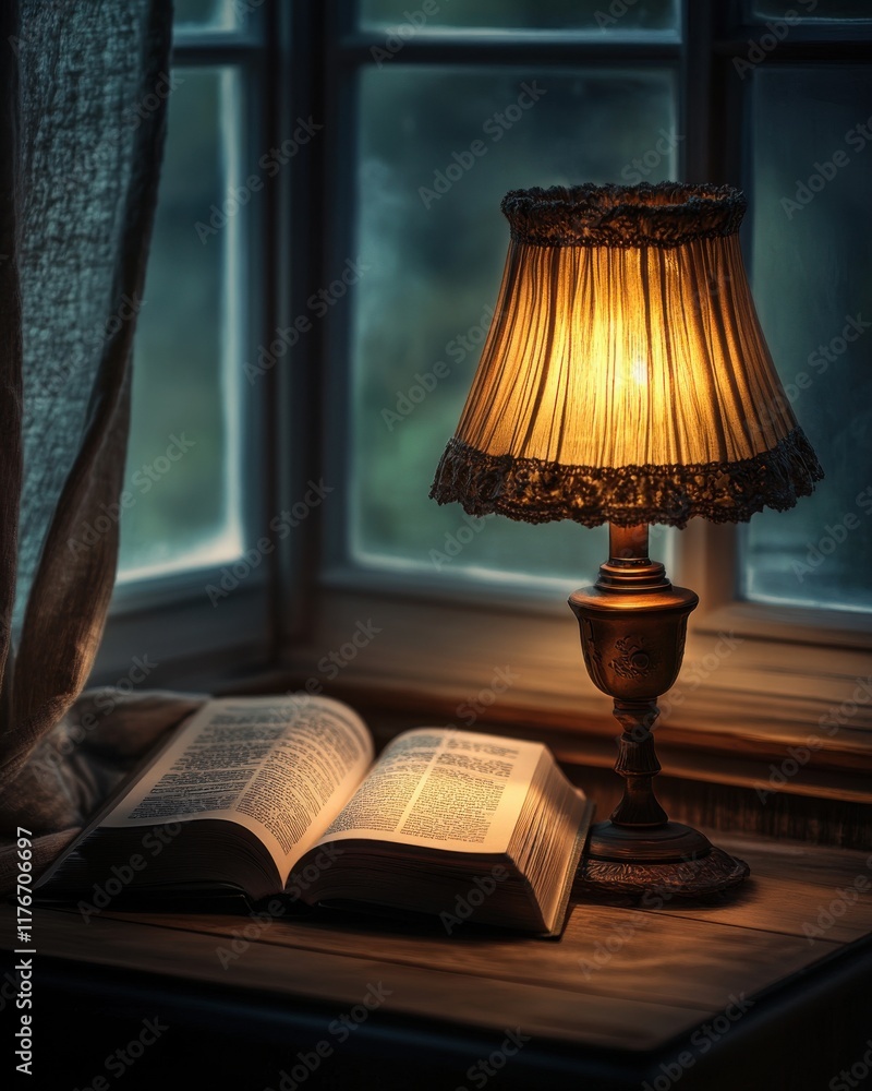 Cozy reading nook with a warm lamp illuminating an open book by the window. Cozy reading nook with a warm lamp illuminating an open book by the window.