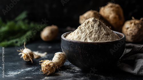 Fresh Peruvian maca root and powder in rustic wooden bowl on dark background