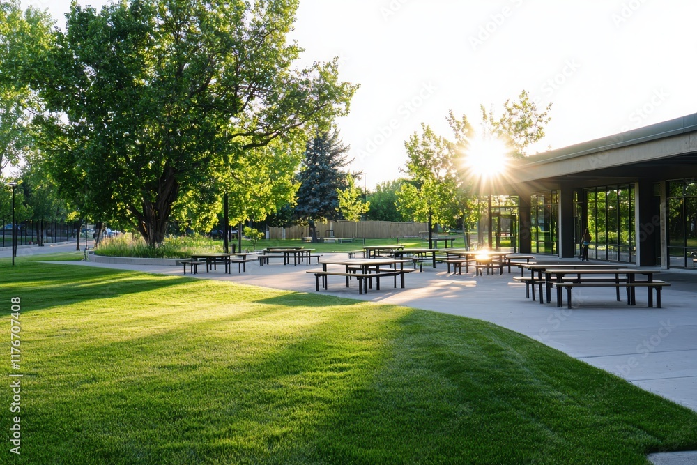 Fototapeta premium Collaborative learning space in a public park outdoor educational environment late afternoon sunlight inviting serenity