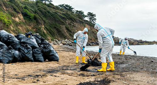 Environmental Cleanup Crew Removing Oil Spill from Beach