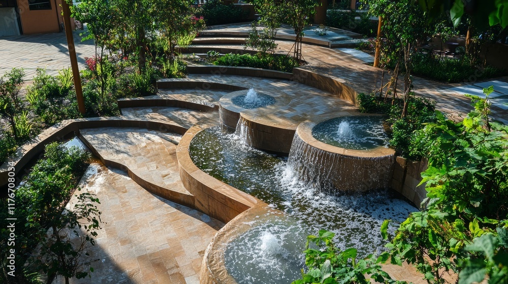 Cascading water feature, stone steps, lush greenery. Cascading water feature, stone steps, lush greenery.