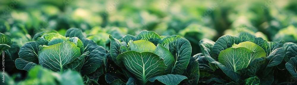 Lush Green Cabbage Field at Sunrise with Dew-Kissed Leaves and Soft Focus Background in a Serene Agricultural Landscape Lush Green Cabbage Field at Sunrise with Dew-Kissed Leaves and Soft Focus Background in a Serene Agricultural Landscape