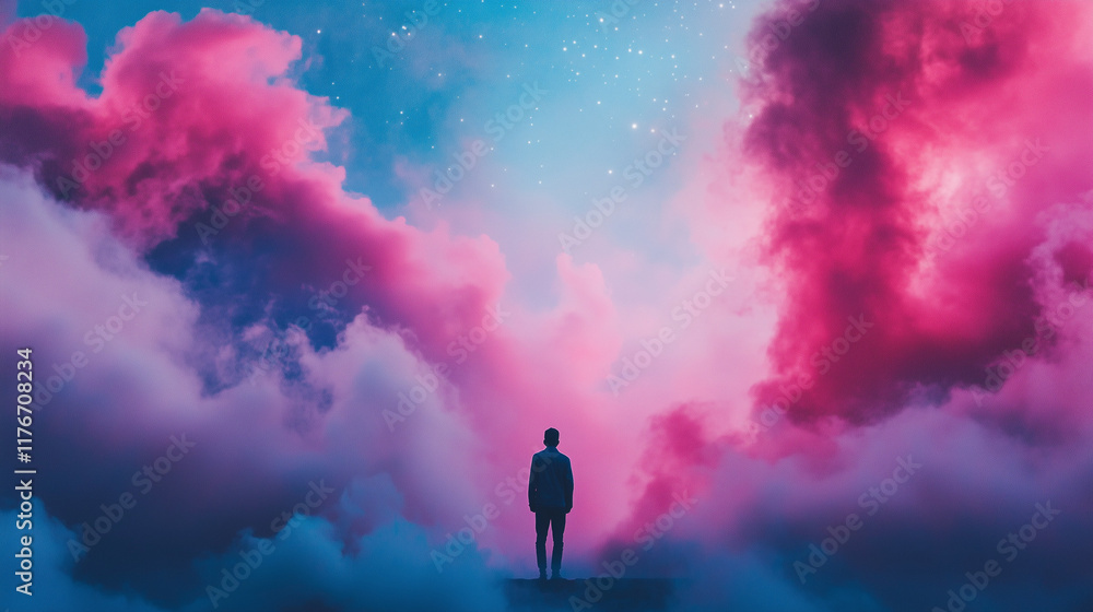 Obraz premium Dreamy man silhouette standing amongst vibrant pink clouds and starry blue night sky