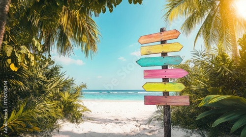 Fototapeta Naklejka Na Ścianę i Meble -  Pastel colored wooden direction signs, beach and palm tree background