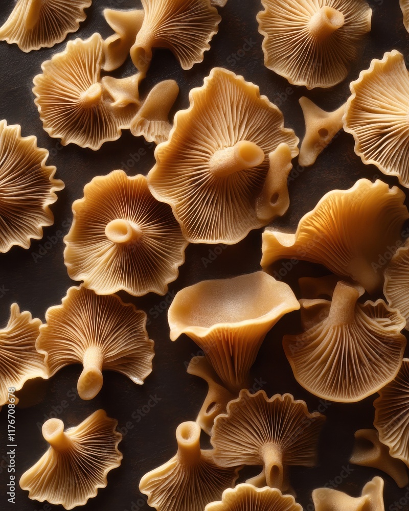 Close-up of delicate, beige mushrooms with intricate gills against a dark background. Close-up of delicate, beige mushrooms with intricate gills against a dark background.