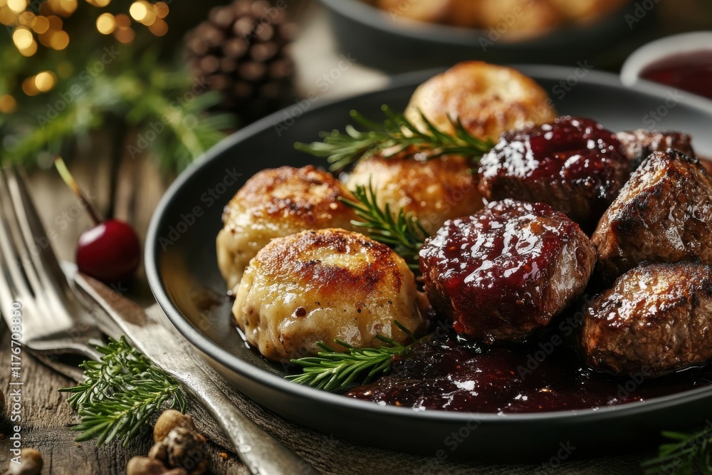 A tantalizing plate of meatballs with sauce and golden-brown dumplings, garnished with fresh herbs. A tantalizing plate of meatballs with sauce and golden-brown dumplings, garnished with fresh herbs.