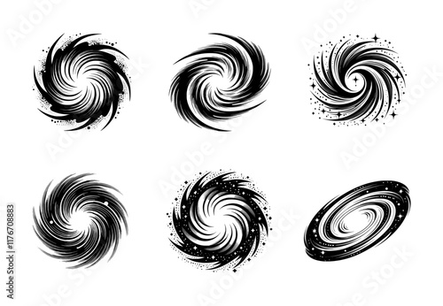 spiral galaxy silhouette set, isolated background