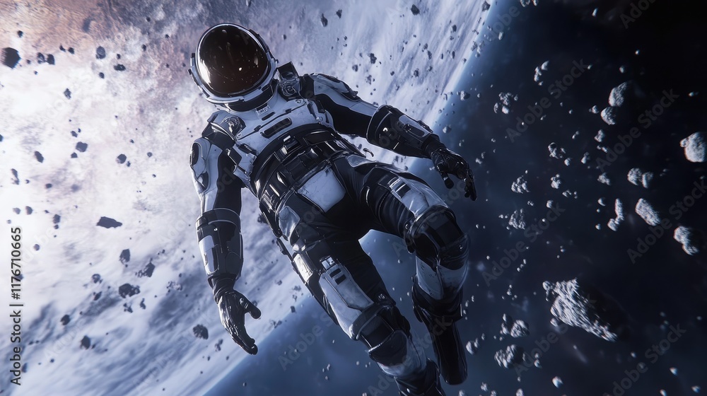 Space Explorer Drifting in Space with Mars Looming in the Background Space Explorer Drifting in Space with Mars Looming in the Background