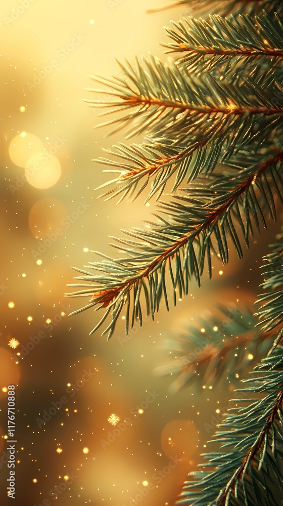 Blurred bokeh lights with gentle glow peeking through pine needles providing a serene and festive atmosphere style book illustration Blurred bokeh lights with gentle glow peeking through pine needles providing a serene and festive atmosphere style book illustration