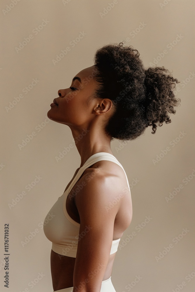 Serene young Black woman in sportswear posing against beige background Serene young Black woman in sportswear posing against beige background