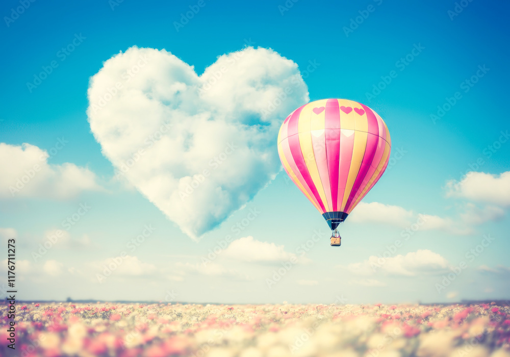 Obraz premium Romantic hot air balloon and heart-shaped cloud above colorful flower field