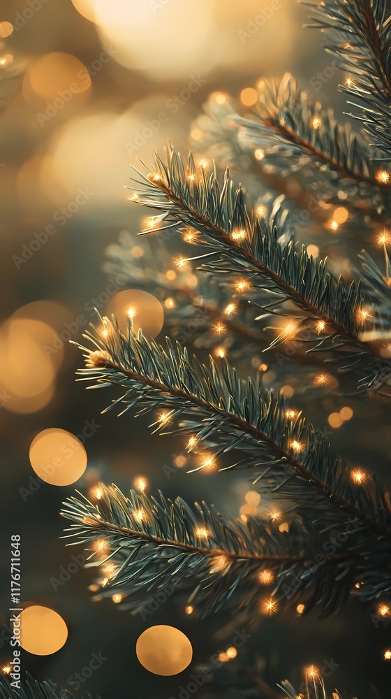 Blurred bokeh lights with gentle glow peeking through pine needles providing a serene and festive atmosphere style book illustration
