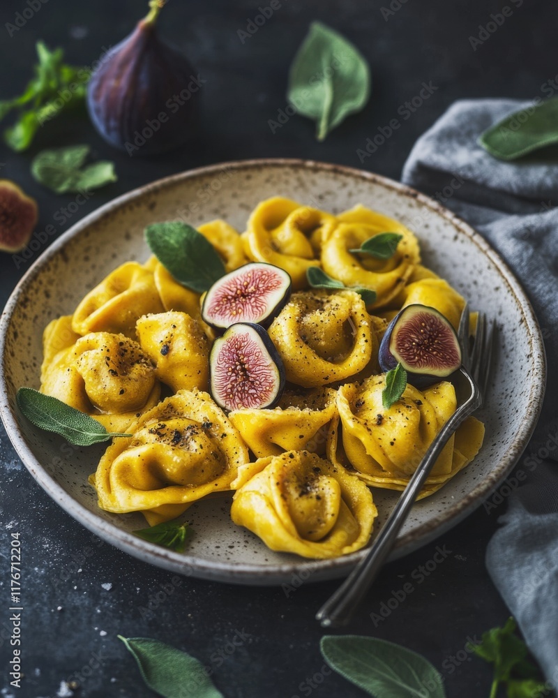 Plate of fresh yellow tortellini garnished with figs and herbs, exuding an inviting and flavorful charm. Plate of fresh yellow tortellini garnished with figs and herbs, exuding an inviting and flavorful charm.