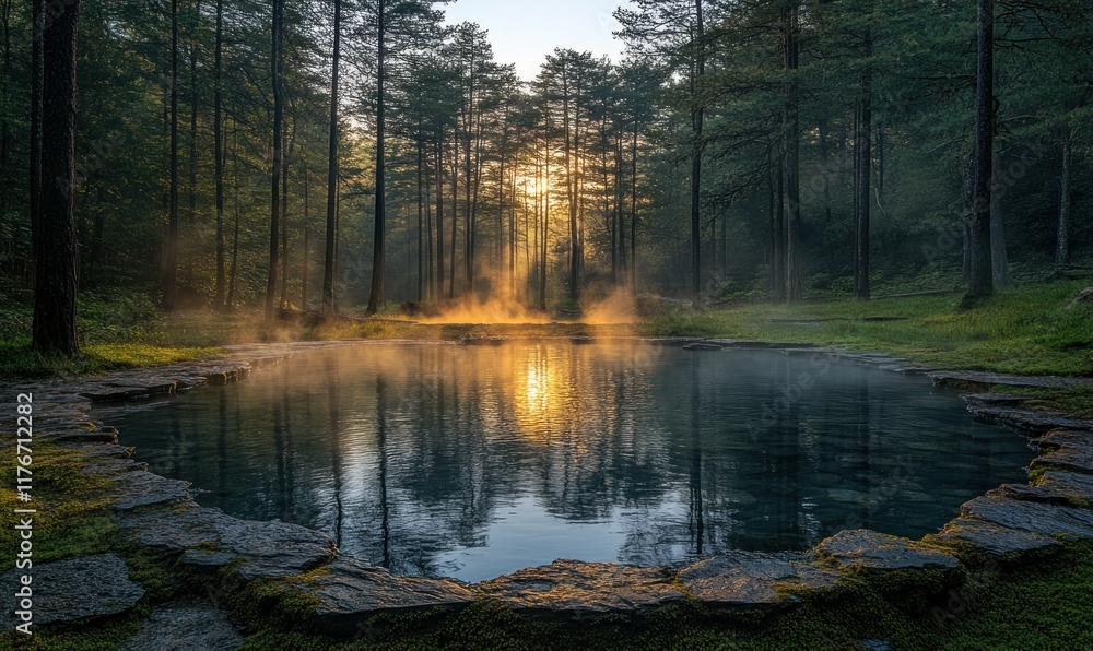 Obraz premium Sunrise mist over tranquil forest pool.