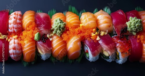 Delicious salmon sushi roll. Delicious fresh sushi roll. Japanese food. Colorful sushi and sashimi. Fresh sushi rolls. Sushi rolls with salmon, avocado, and cucumber