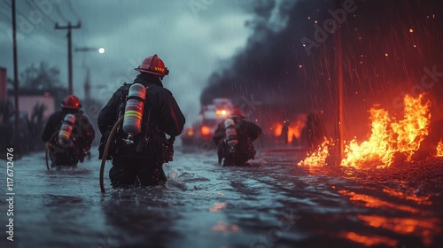 Firefighters wade through floodwaters, battling raging fire.