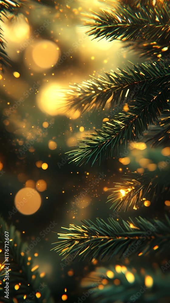 Blurred bokeh lights with gentle glow peeking through pine needles providing a serene and festive atmosphere style book illustration