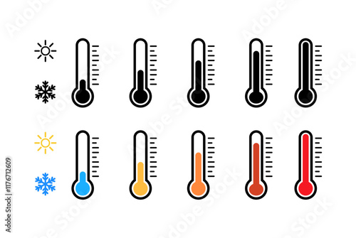 Thermometer icon collection with temperature and weather indicators, suitable for weather applications and forecasts. Vector illustration.