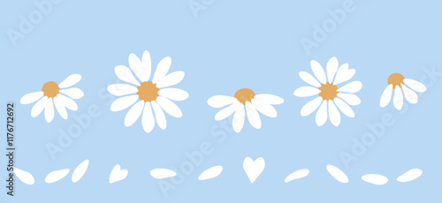 Set of daisy chamomile flower and white petal icon signs on blue background vector.