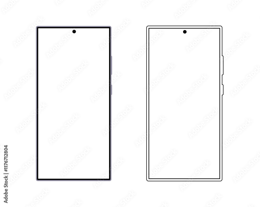 Smartphone mockup in outline and flat style with an isolated screen, featuring a clean vector design on a white background. Smartphone mockup in outline and flat style with an isolated screen, featuring a clean vector design on a white background.