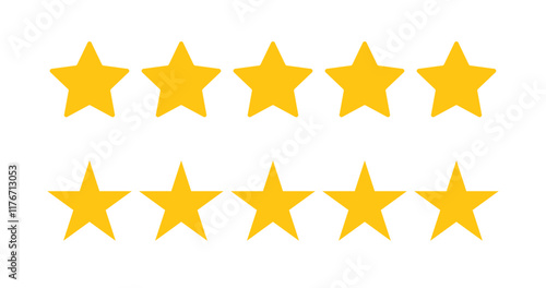 Five stars customer product review icon set, featuring yellow 5-star rating flat icons for apps and websites. Represents quality, customer rating, and feedback in transparent PNG and vector format.
