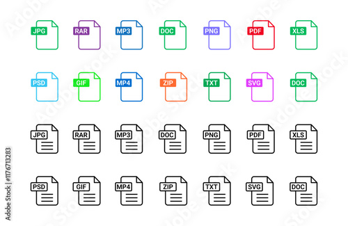 File format icon collection with various document types including PDF, JPG, DOC, XLS, MP4, RAR, ZIP, MP3, and more, designed as a stock vector set.