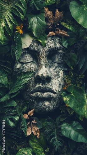 Stone face half buried in lush green foliage, symbolizing nature's embrace and connection to the earth. photo