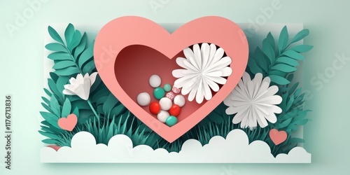 Valentine's Day paper cut out background concept. Colorful heart with flowers and candies in a whimsical paper design