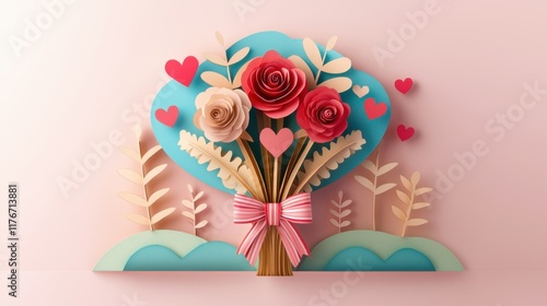 Valentine's Day paper cut out background concept. Colorful paper flower bouquet with hearts on a pastel background