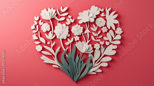 Valentine's Day paper cut out background concept. Floral heart design on a red background, symbolizing love and nature