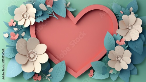 Valentine's Day paper cut out background concept. Colorful paper heart surrounded by flowers and leaves on a soft background
