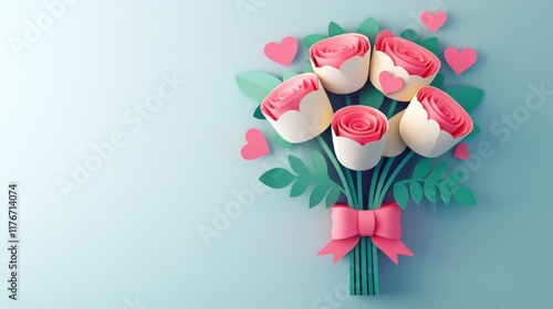 Valentine's Day paper cut out background concept. Paper roses arrangement with hearts, perfect for gifts or decorations
