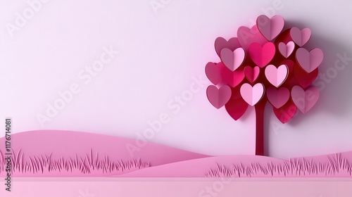 Valentine's Day paper cut out background concept. Tree made of pink hearts on a pastel background with a grassy landscape
