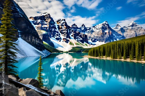 Enthralling Beauty of Pristine Snow-Capped Peaks and Dense Forests Reflected in the Serenity of a Lake photo