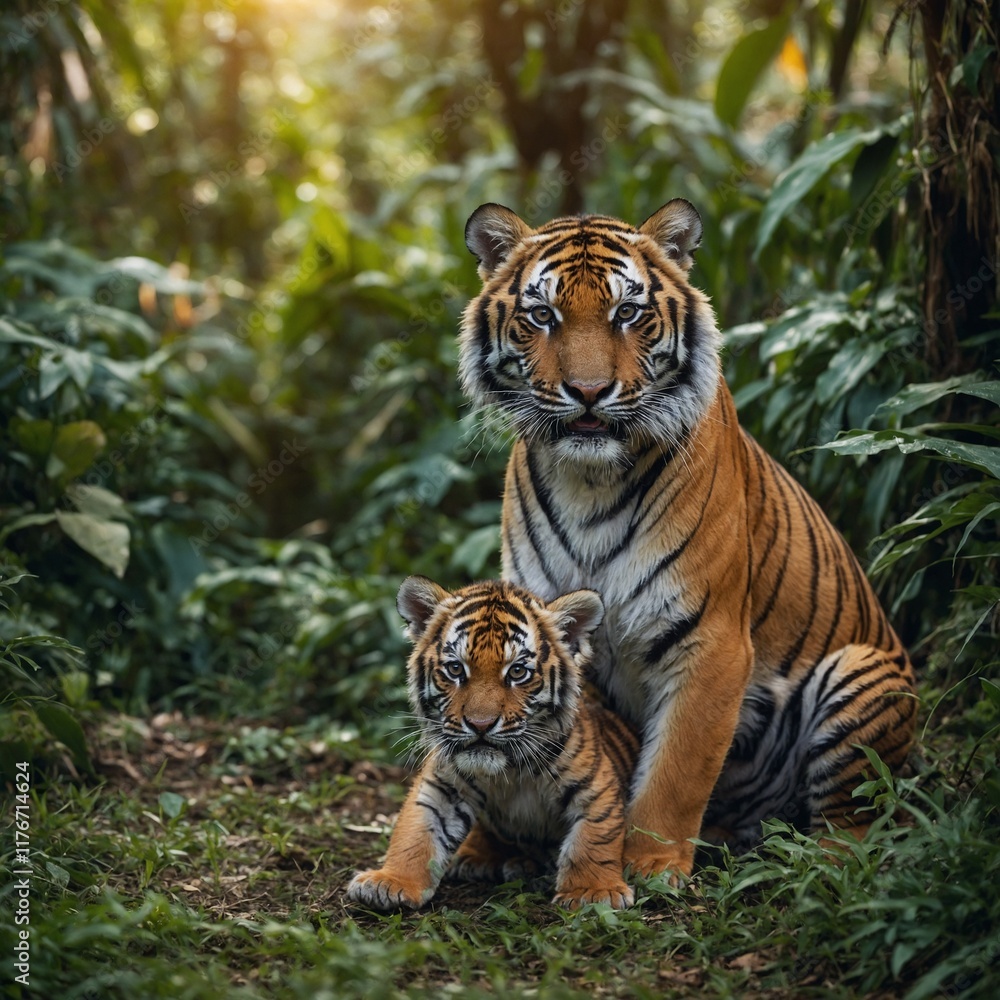 A tiger cub playing with its mother in a colorful jungle clearing. A tiger cub playing with its mother in a colorful jungle clearing.