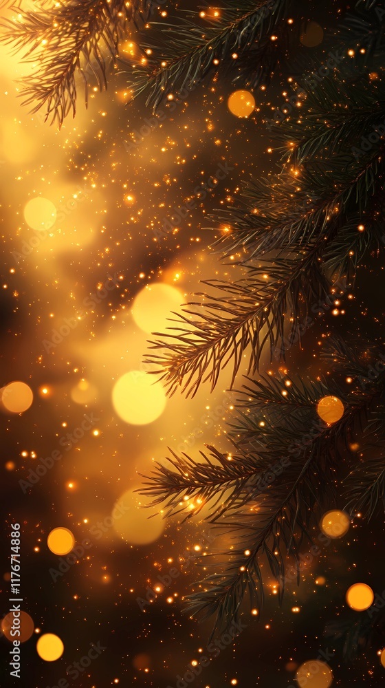Blurred bokeh lights with gentle glow peeking through pine needles providing a serene and festive atmosphere style book illustration Blurred bokeh lights with gentle glow peeking through pine needles providing a serene and festive atmosphere style book illustration