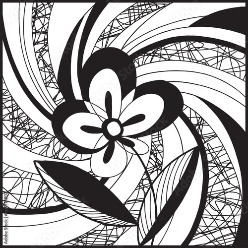 Flower. Blooming Chaos. This black and white abstract drawing features a stylized flower with bold petals and leaves, emerging from a swirling vortex of lines and patterns.