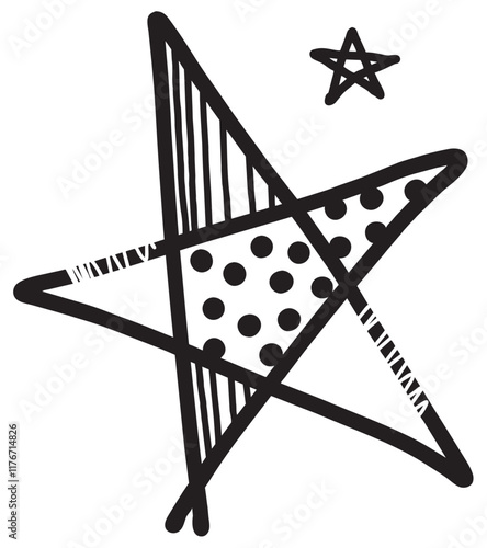 Starry Night Doodle. A whimsical, hand-drawn star with a playful mix of patterns and textures. Each point of the star boasts a unique design, from stripes to dots to solid black, creating a dynamic