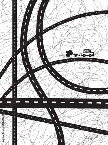 Lost in the Maze. Lost in the Maze. A whimsical illustration of a car navigating a complex network of roads and paths.