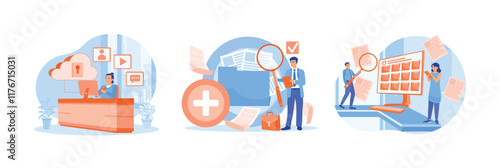 Man works using a computer, saving, searching and indexing files on the computer.
