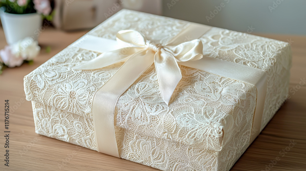 Delicate lace gift box with ribbon, perfect for special occasions Delicate lace gift box with ribbon, perfect for special occasions