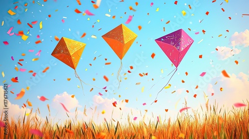 Happy Makar Sankranti (Uttrayan) wish animation background with colorful kites photo