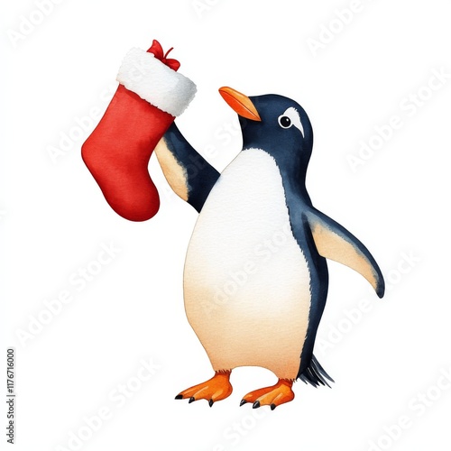 Festive penguin holding christmas stocking winter wonderland illustration cheerful environment playful viewpoint holiday spirit photo