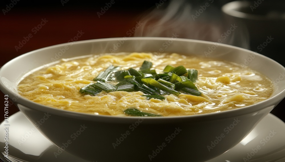 Steaming egg drop soup, restaurant, garnish, close-up Steaming egg drop soup, restaurant, garnish, close-up