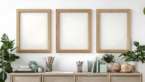 Three blank frames on a white wall above a wooden cabinet with plants, books, and stationery.