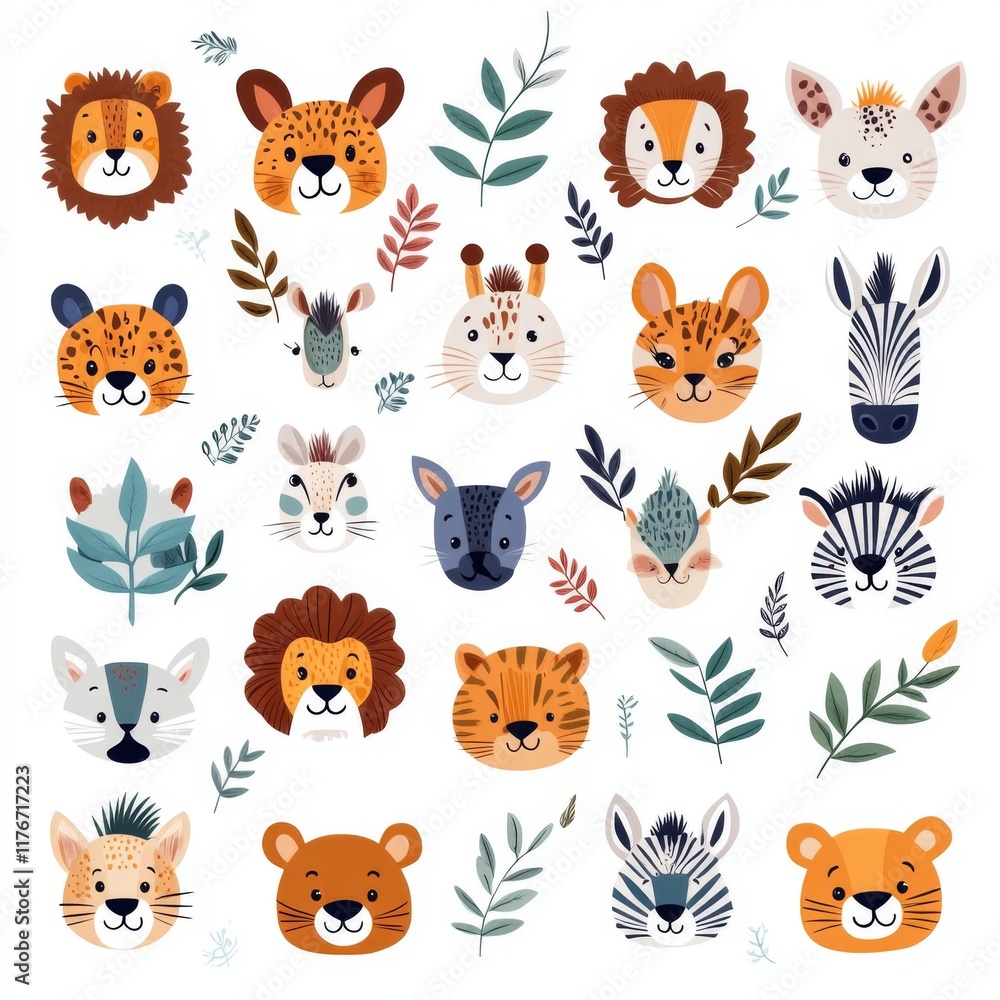 Cute animal faces jungle illustration playful environment colorful viewpoint adorable concept for kids art Cute animal faces jungle illustration playful environment colorful viewpoint adorable concept for kids art